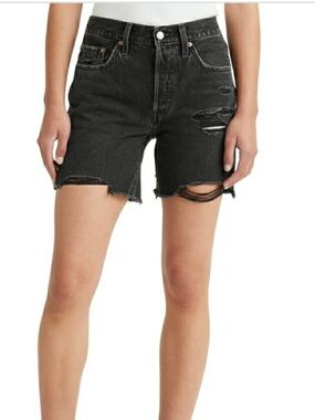 Levi's Women's 501 Mid-Thigh Shorts in a distressed black wash. 